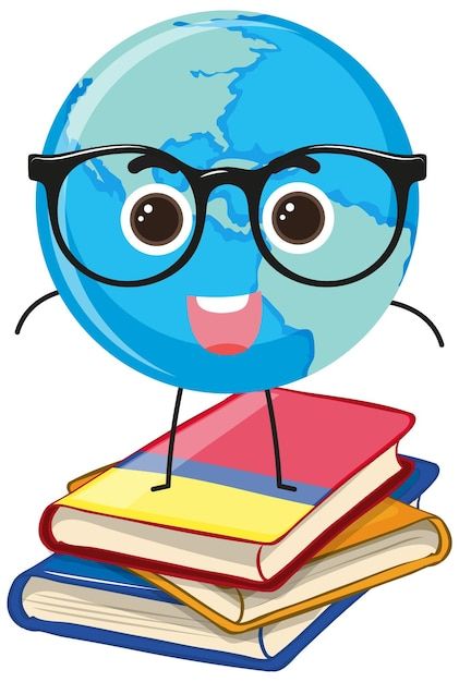 a cartoon globe with glasses on top of books and smiling for the camera, isolated on white background