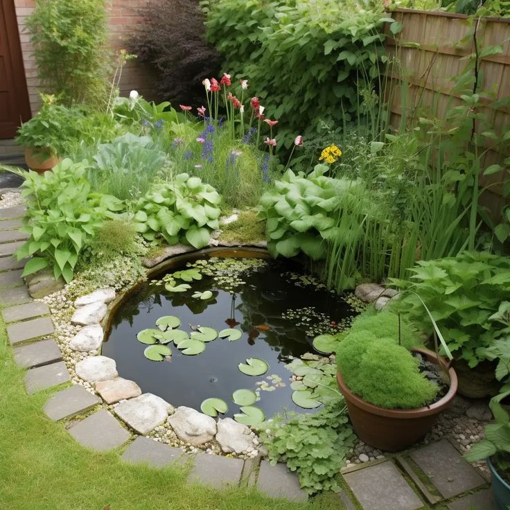 a small pond surrounded by plants and flowers in a garden area with stepping stones on the ground