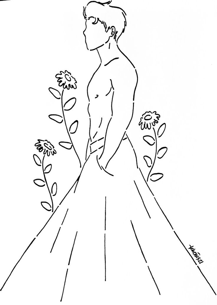 a black and white drawing of a man standing in front of flowers