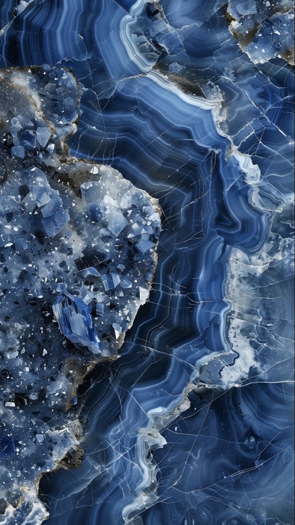 an image of blue and white marble with ice on the ground in this close up photo