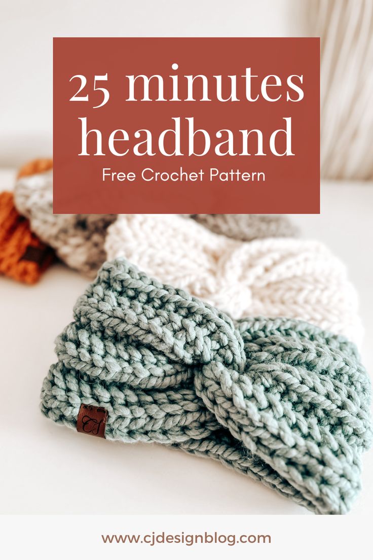 two knitted headbands with text overlay that reads 25 minutes headband free crochet pattern