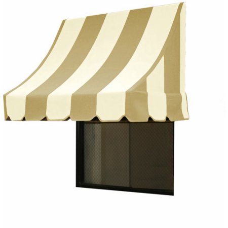 a white and black striped awning on top of a window sill next to a door