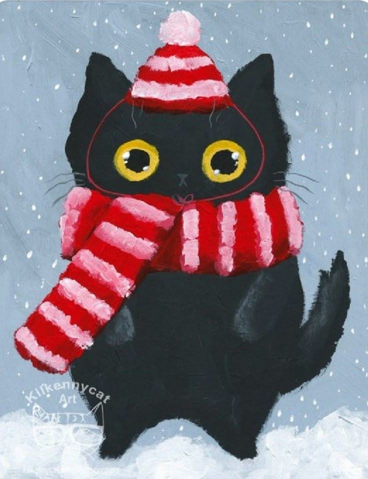 a painting of a black cat wearing a red and white striped scarf with yellow eyes