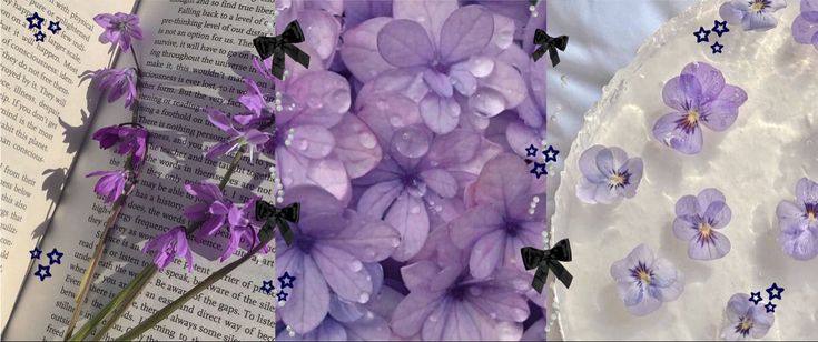 purple flowers are placed next to an open book