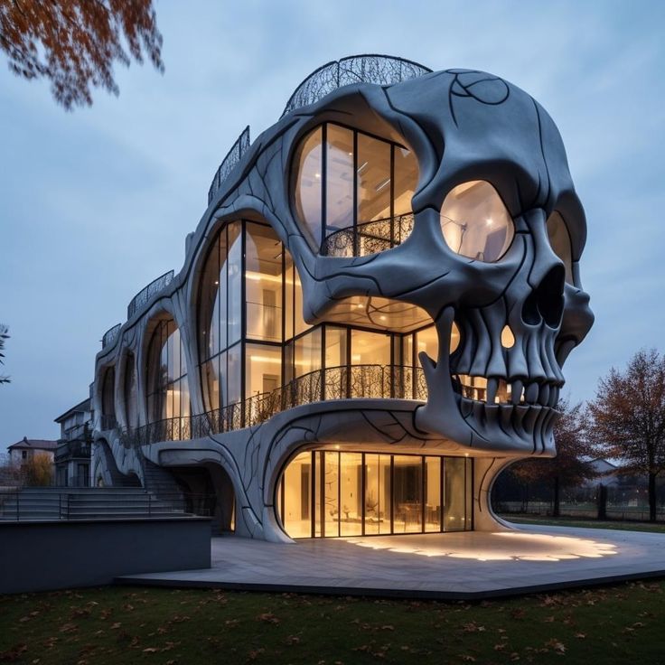 an unusual building with a large skull on the front and windows in the back, lit up at night