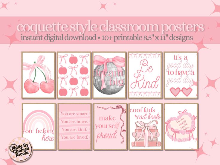 a set of pink and white cards with the words congratulate style classroom posters