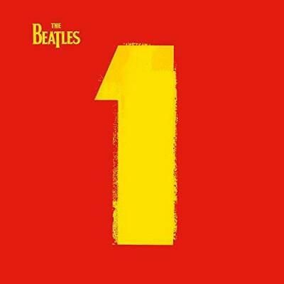 the beatles's 1 album is shown in red and yellow with an orange background