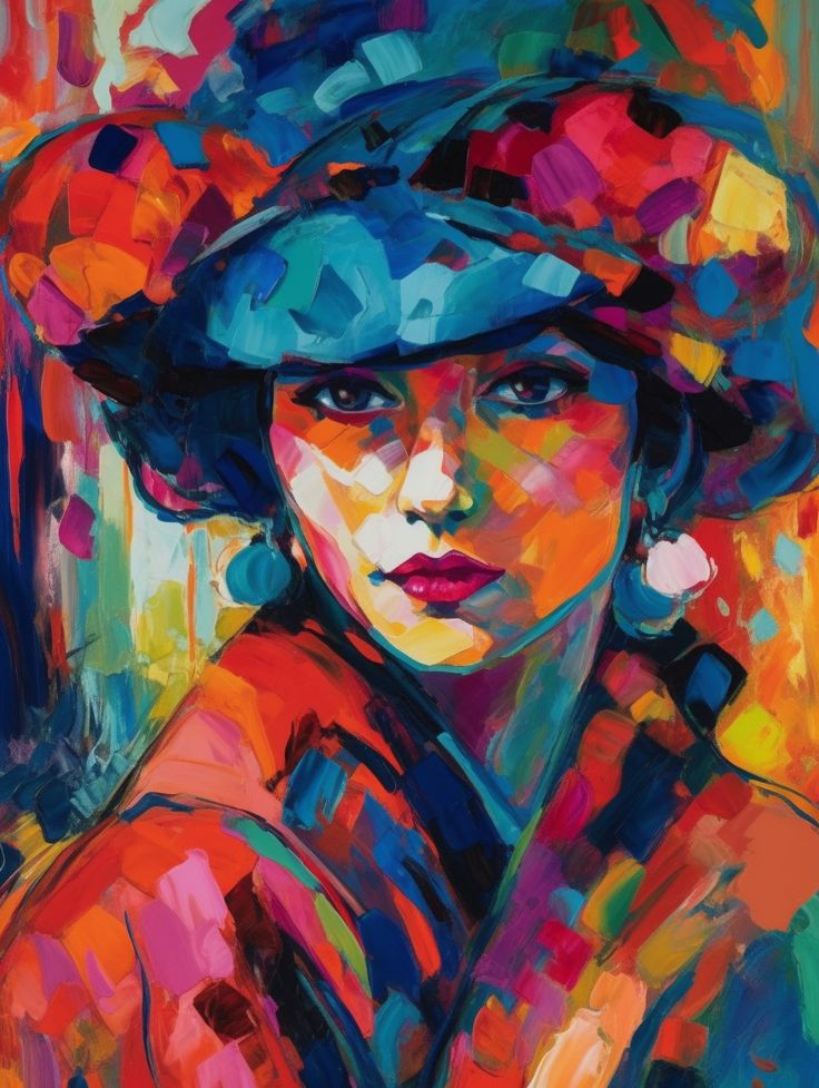 a painting of a woman wearing a blue hat