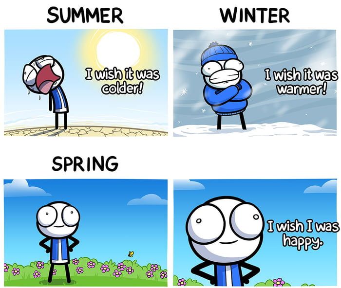 four cartoon pictures with the same caption for each one, including an image of a person holding a snowball