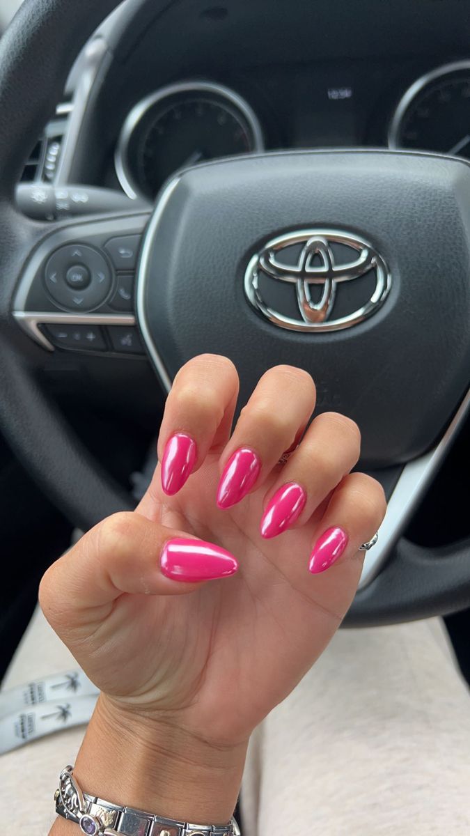 Hot Pink Acrylic Almond Nails, Hot Pink Gel X Nails, Vacation Nails Almond Shape Pink, Hot Pink Ombre Nails Almond, Short Nail Inspo Summer 2024 Simple, Hot Pink Crome Nails Almond, Strawberry Pink Chrome Nails, Bright Pink Nails With Chrome, Homecoming Nails Hot Pink