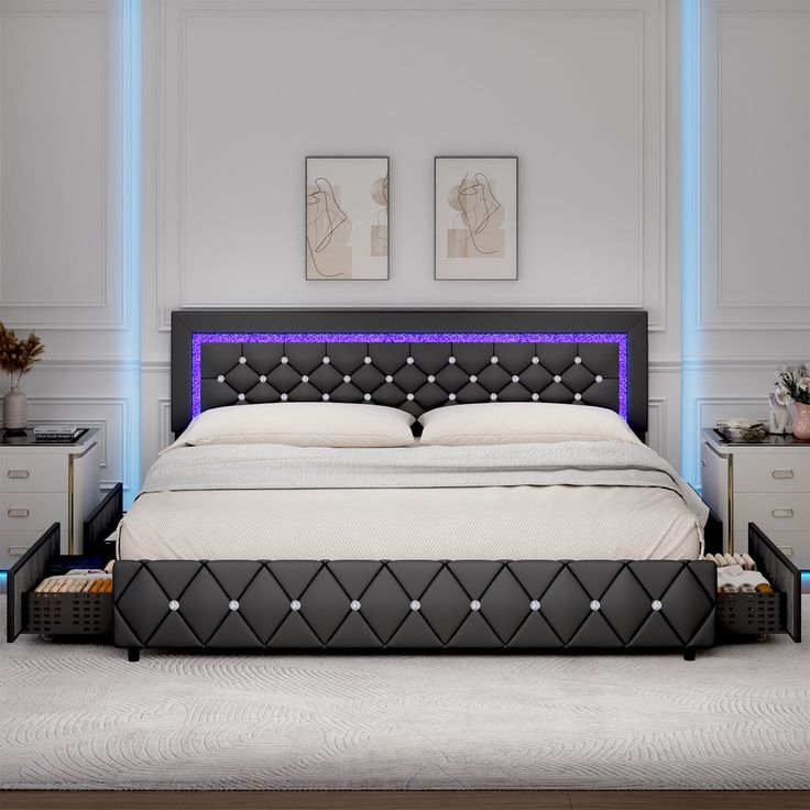 a bed that has some lights on it