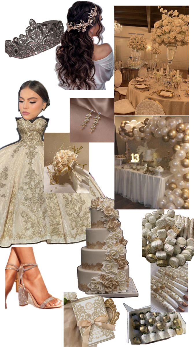 a collage of wedding pictures with white and gold colors, including the bride's dress