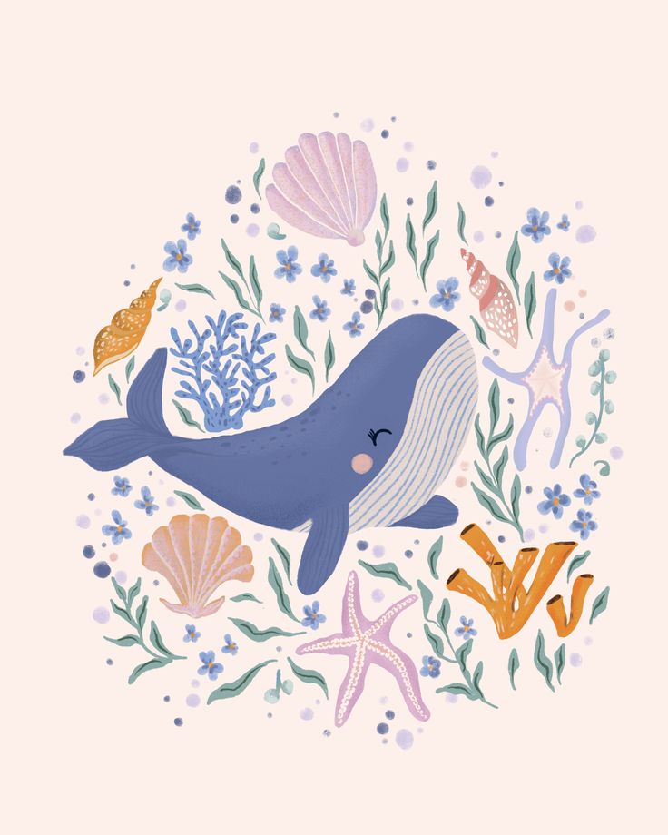 an illustration of a whale surrounded by seaweed, starfish and other marine life