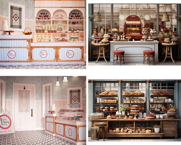 three different views of a bakery with cakes and pastries