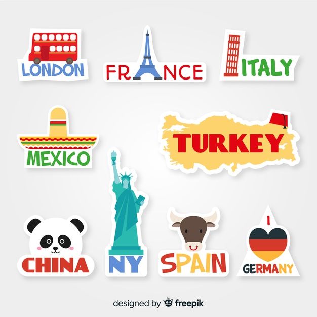 various stickers with the symbols of europe and other countries in different shapes, sizes and colors