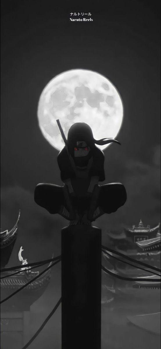 a black and white photo of a person standing in front of a full moon with swords