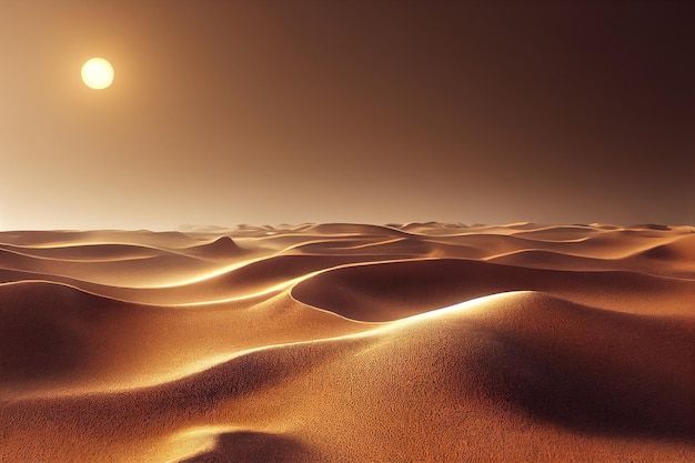 the sun shines brightly in the distance over sand dunes, with no vegetation on them