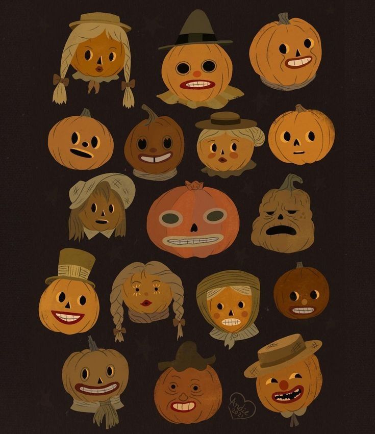 a bunch of pumpkins with faces drawn on them, all in different styles and colors