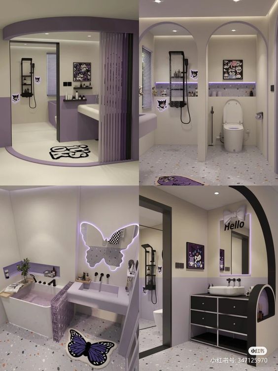 the bathroom is all white and has purple accents on the walls, along with a butterfly decal