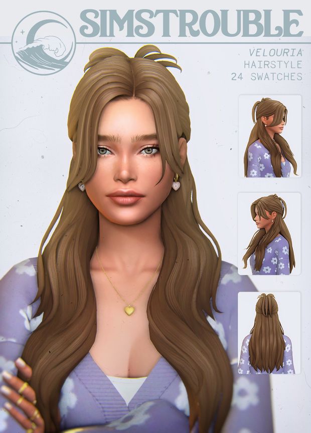 an image of a woman with long brown hair and blue top on the cover of simstouble magazine