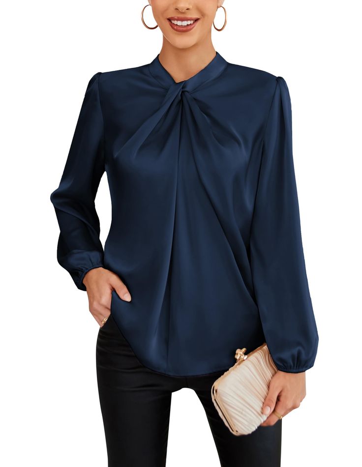 PRICES MAY VARY. Fabric: This elegant blouse is crafted from a smooth and lightweight fabric, composed of 98% polyester and 2% viscose. It offers a non-elastic but cozy and stylish wear Feature: The blouse features a unique twist neckline, a teardrop button at the back, pull-on design, loose fit, solid color, and lantern long sleeves, making it a standout piece for women Style: With its mock neck and long sleeves, this blouse pairs perfectly with jeans, pencil skirts, pants, and high heels. It c Classic Blouses, Neckline Designs, Stylish Blouse, Elegant Blouses, Blouse Tops, Satin Blouse, Womens Long Sleeve Shirts, Work Blouse, Casual Blouse