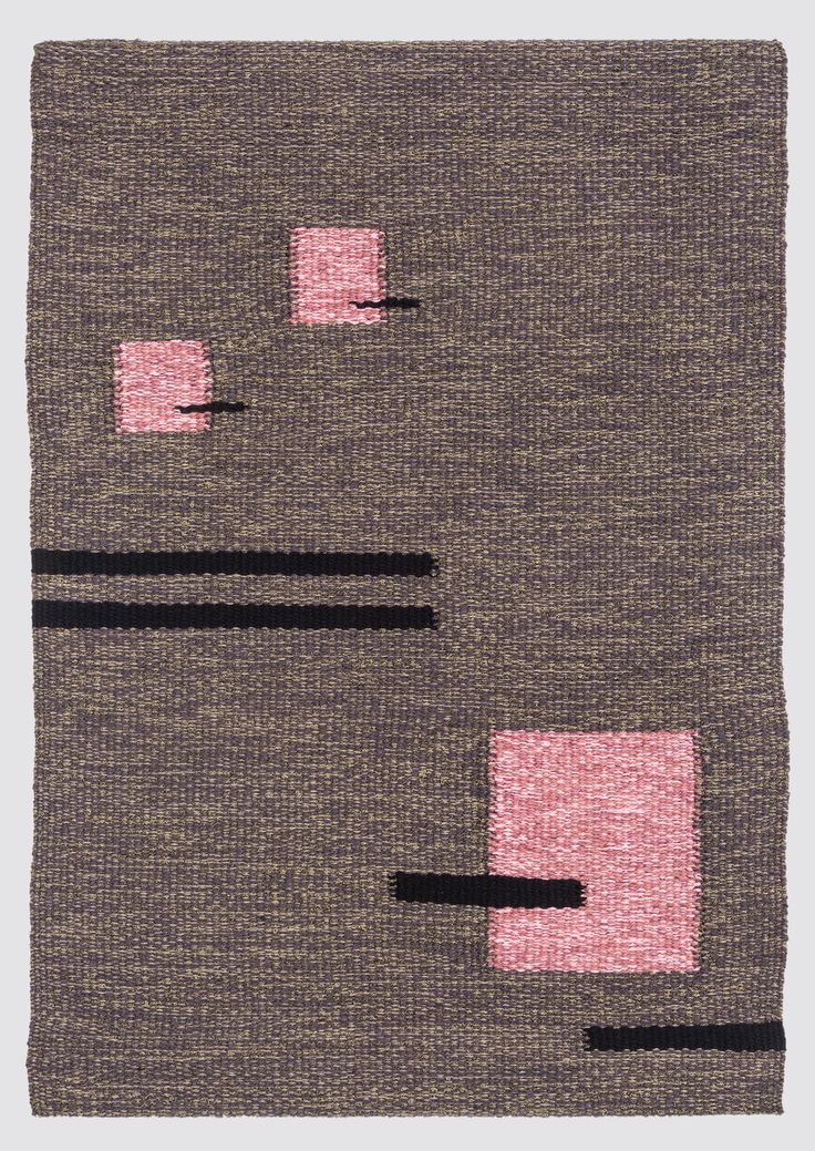 an abstract rug with pink squares and black lines on grey ground, in the shape of a rectangle