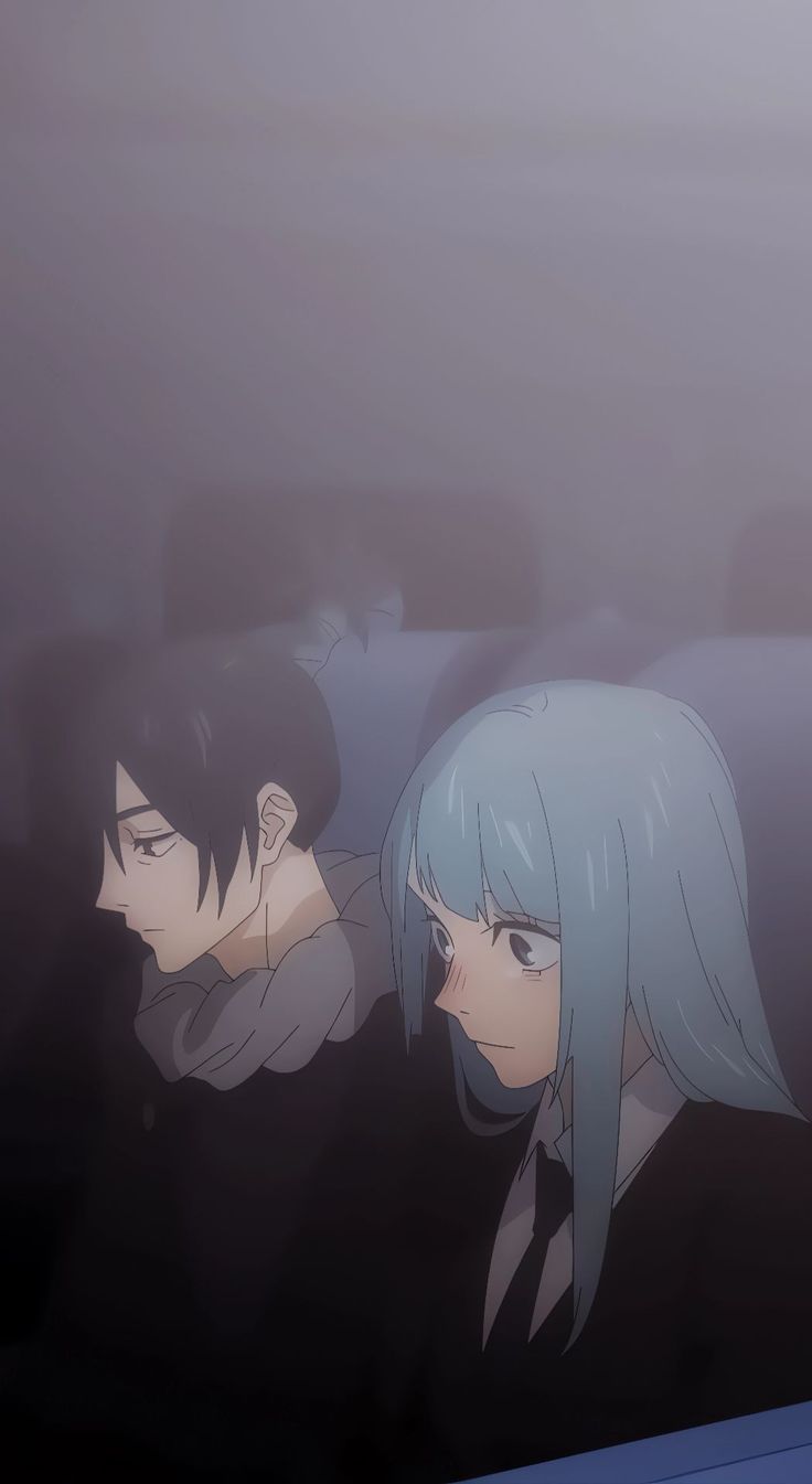 an anime scene with two people staring at the camera and one person standing behind them