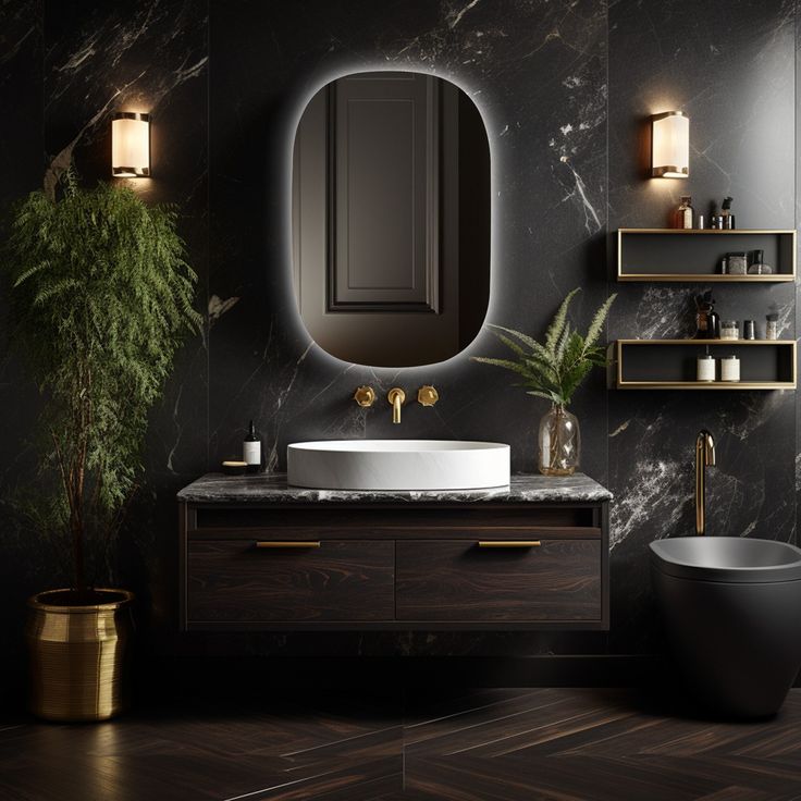 a bathroom with black marble walls and flooring, a round mirror above the sink