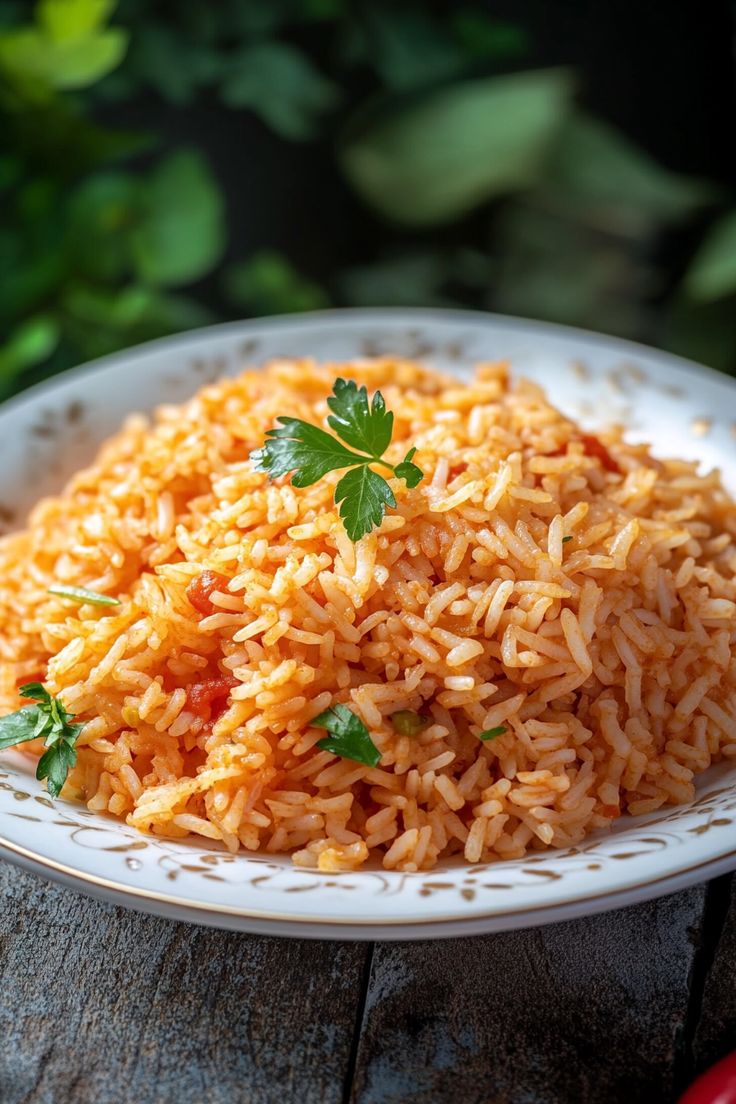 a white plate topped with rice and garnished with cilantro on a wooden table