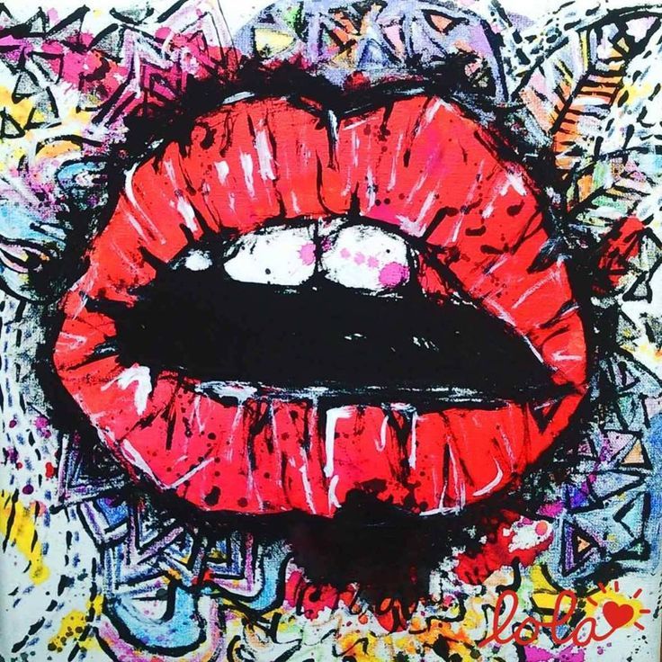 a painting with red lips and graffiti all over it