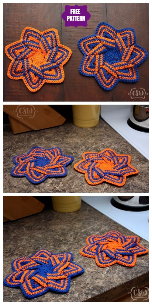 three different pictures of an orange and blue flower on top of a wooden table with text overlay that says free pattern