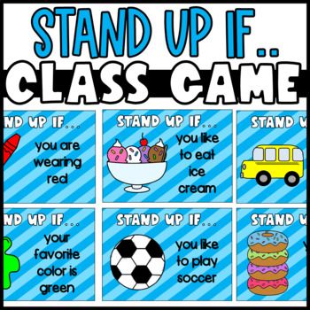 a poster that says stand up if class game with pictures of different foods and drinks