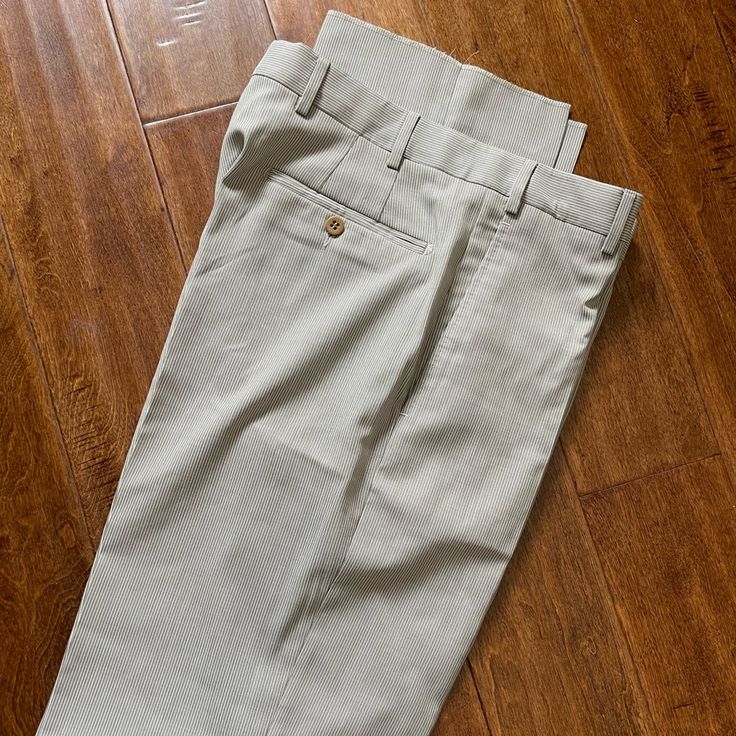 Zanella Dress Pants. Size 33 Never Worn. Light Beige Pin Stripes. Classic Full Length Dress Pants For Summer, Fitted Beige Pants With Welt Pockets, Fitted Khaki Chinos For Spring, Tailored Beige Dress Pants With Pockets, Fitted Beige Chinos For Business Casual, Elegant Full-length Chinos, Beige Slim Fit Bottoms For Work, Beige Slim Fit Straight Dress Pants, Beige Wide Leg Tailored Pants