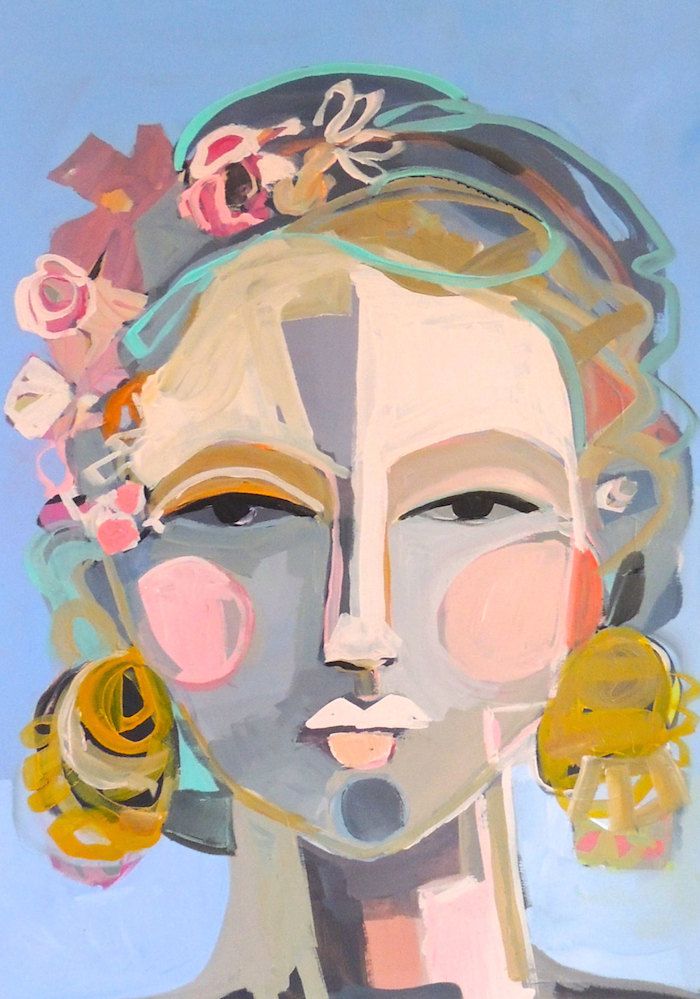 an abstract painting of a woman with flowers in her hair and earrings on her head