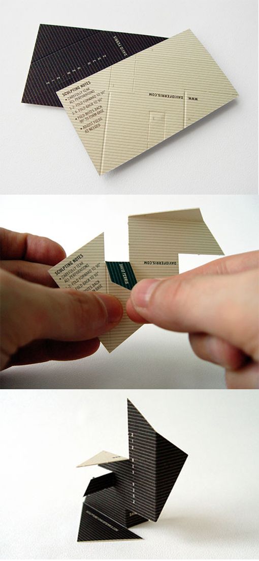 three different images of business cards being folded