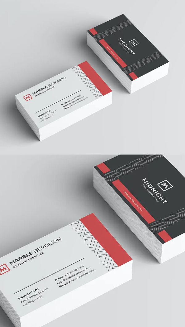 two business cards mock up on top of each other, one with a red and black stripe