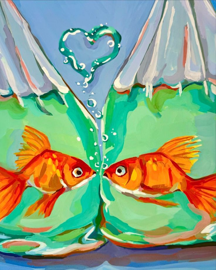 two goldfish in front of an open book with water and heart shaped bubbles on the pages