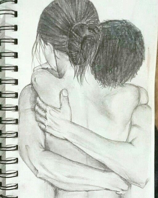 a pencil drawing of two people hugging each other on a spiral notebook with the cover pulled back