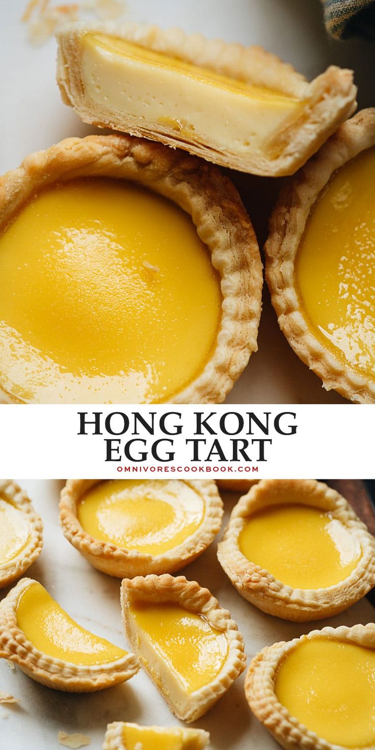 there are many small pies with cheese on them and the words hong egg tart