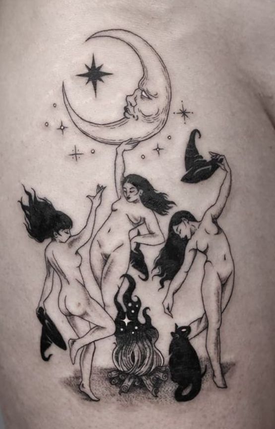 Witches Dancing, Aesthetic Tattoo Ideas, Witches Dance, Witch Tattoo, Fire Tattoo, Spooky Tattoos, My Tattoo, Open Fire, Aesthetic Tattoo