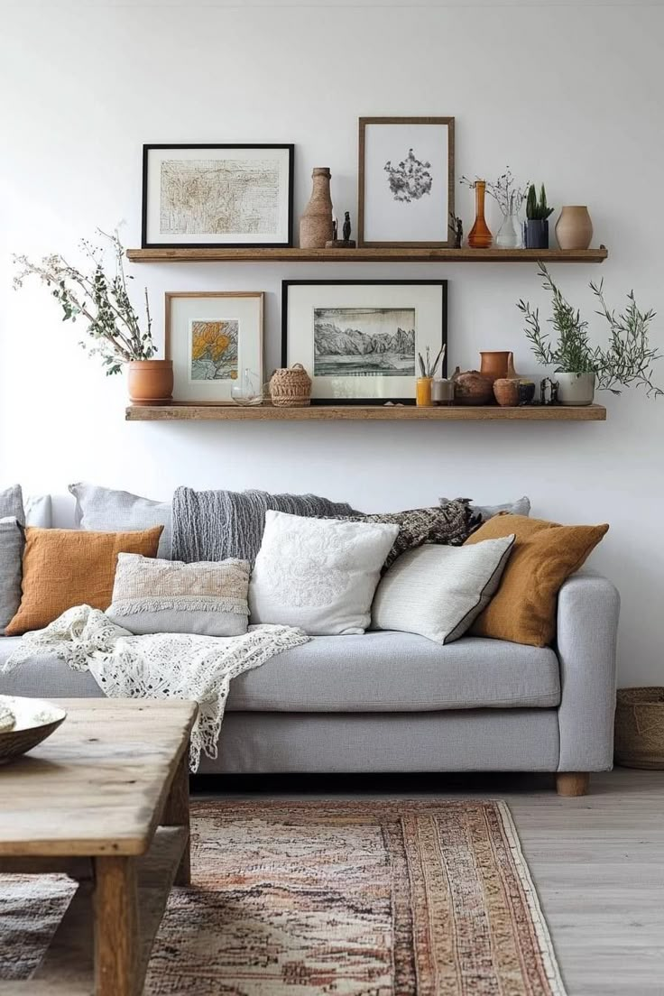 a living room filled with lots of furniture and pictures on the wall above it's couch