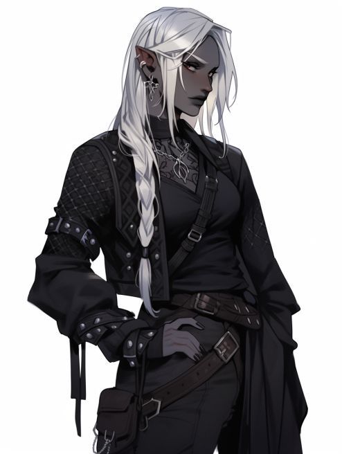 a woman with long white hair and black clothes holding a knife in her hand, while wearing