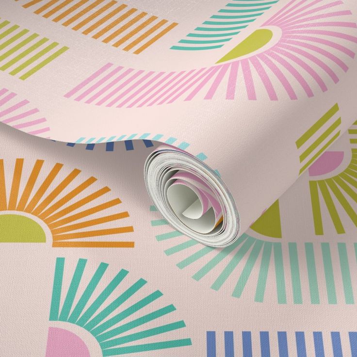 an abstract wallpaper design with sunbursts and stripes on pink, green, blue, yellow, orange