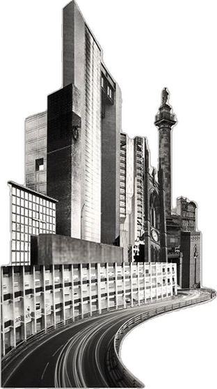 a black and white photo of a city with tall buildings on either side of the road