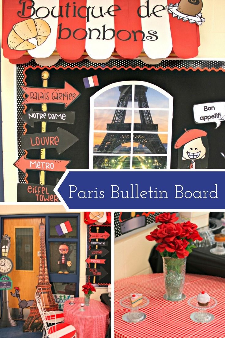 the paris bulletin board is decorated with red and white flowers, french decorations, and an eiffel tower