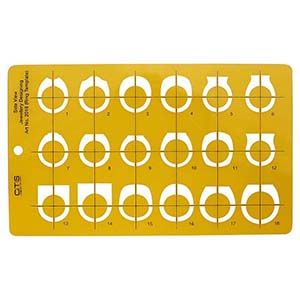 a yellow ruler with white circles and numbers on the front, in half circle shapes