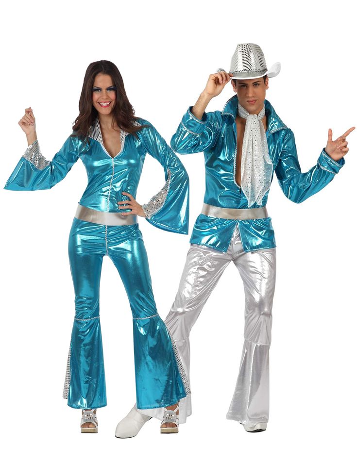 two people dressed in blue and silver outfits