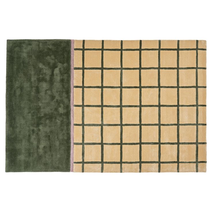 two rugs with green and yellow squares on the side, one is made out of wool