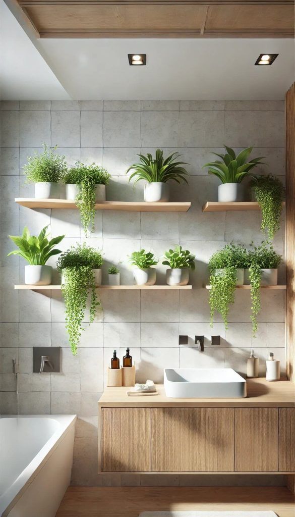 a bathroom with wooden shelves and plants on the wall