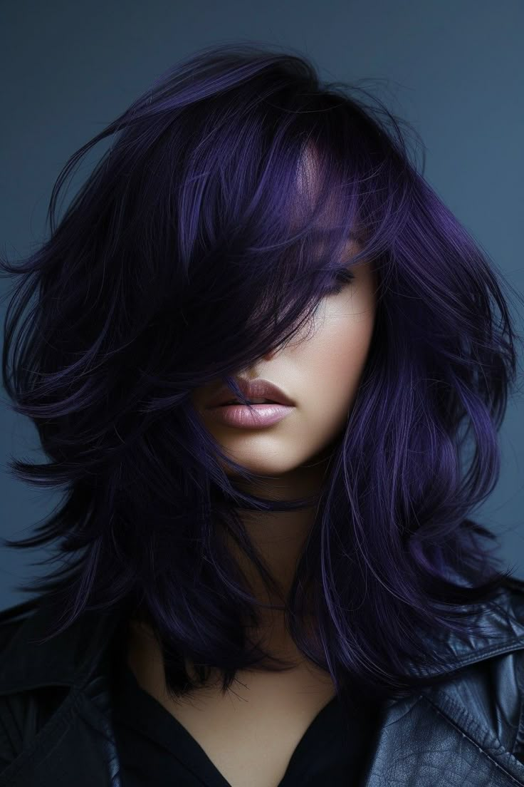 Blue Baylage Hair Dark, Midnight Purple Hair, Vibrant Purple Hair, Hair With Purple Highlights, Blackberry Hair Colour, Dark Purple Hair Color, Edgy Hair Color, Midnight Purple, Dark Purple Hair